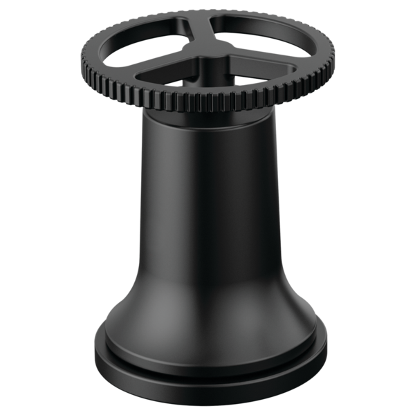 Matte black faucet handle kit with textured wheel grip and bell-shaped base mounting component.