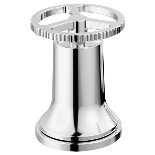 Chrome handle kit with bell-shaped base and ridged circular top piece for faucet assembly.