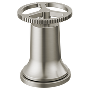 Stainless steel faucet handle kit with bell-shaped base and ribbed circular grip wheel on top.