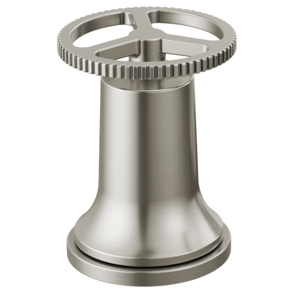 Stainless steel faucet handle kit with bell-shaped base and ribbed circular grip wheel on top.