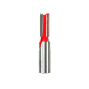 Straight router bit with red cutting flutes and metallic shank, double flute design for woodworking.