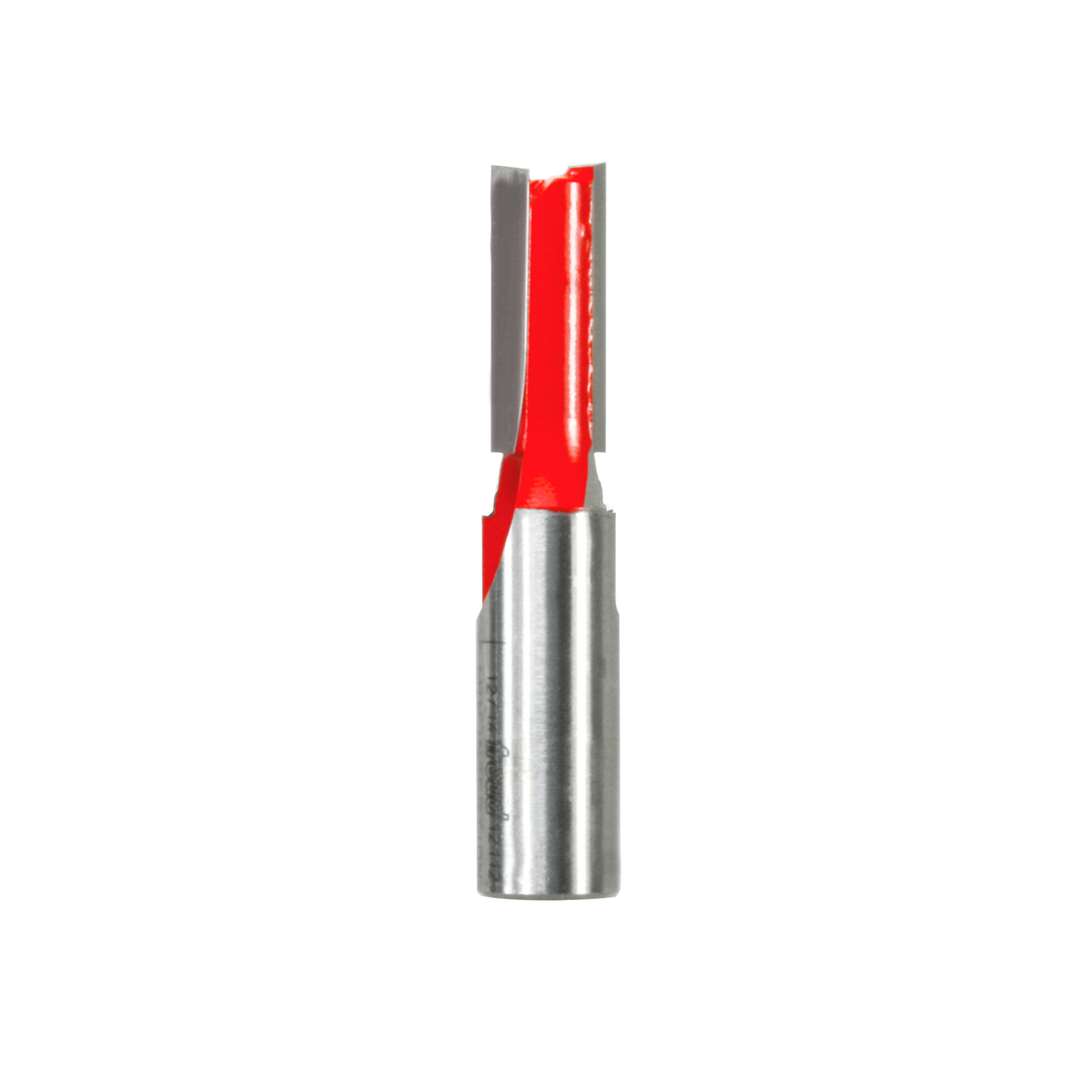 Straight router bit with red cutting flutes and metallic shank, double flute design for woodworking.