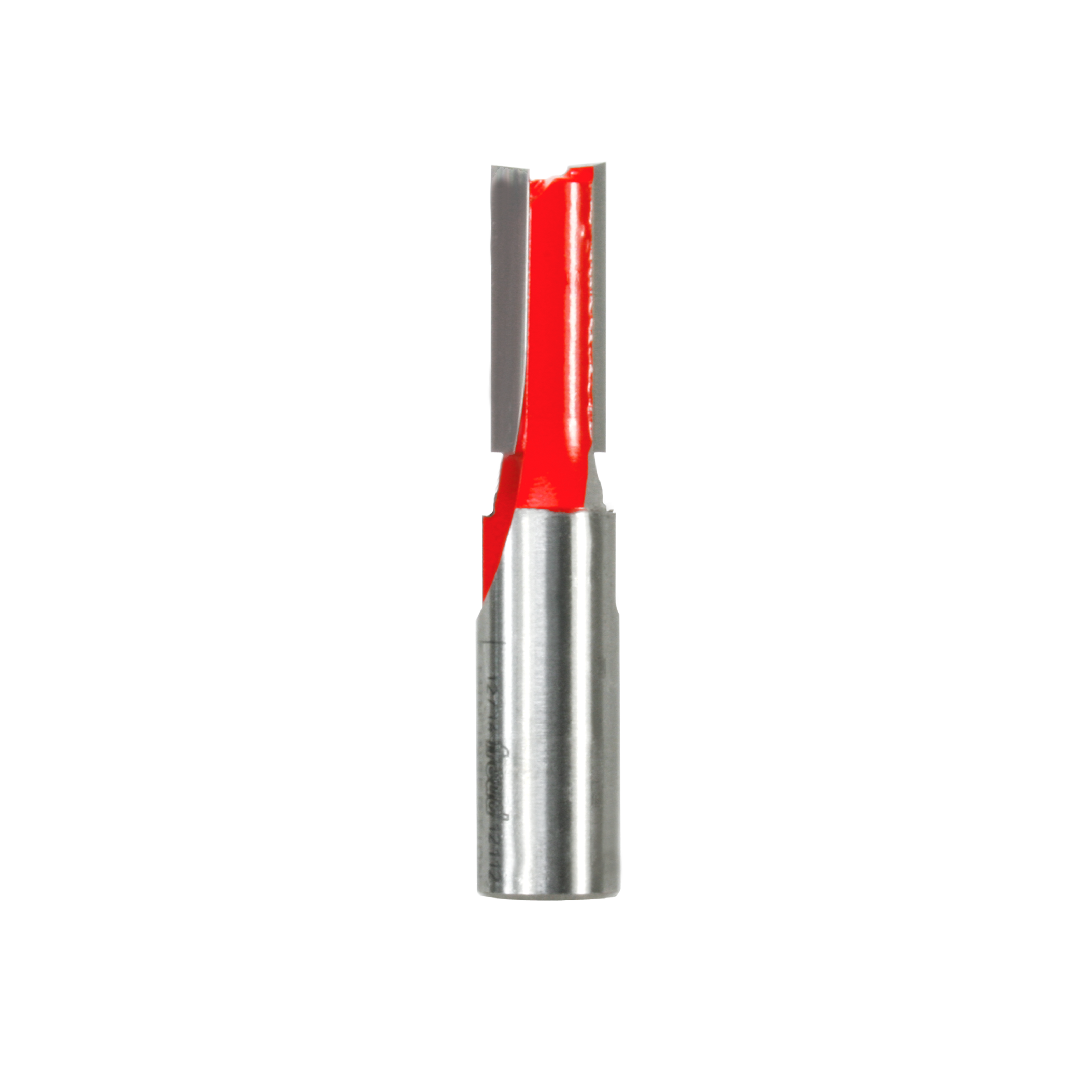 Straight router bit with red cutting flutes and metallic shank, double flute design for woodworking.