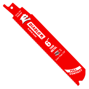 Red Diablo bi-metal reciprocating saw blade, 6 inches long with serrated cutting edge for thin metal.