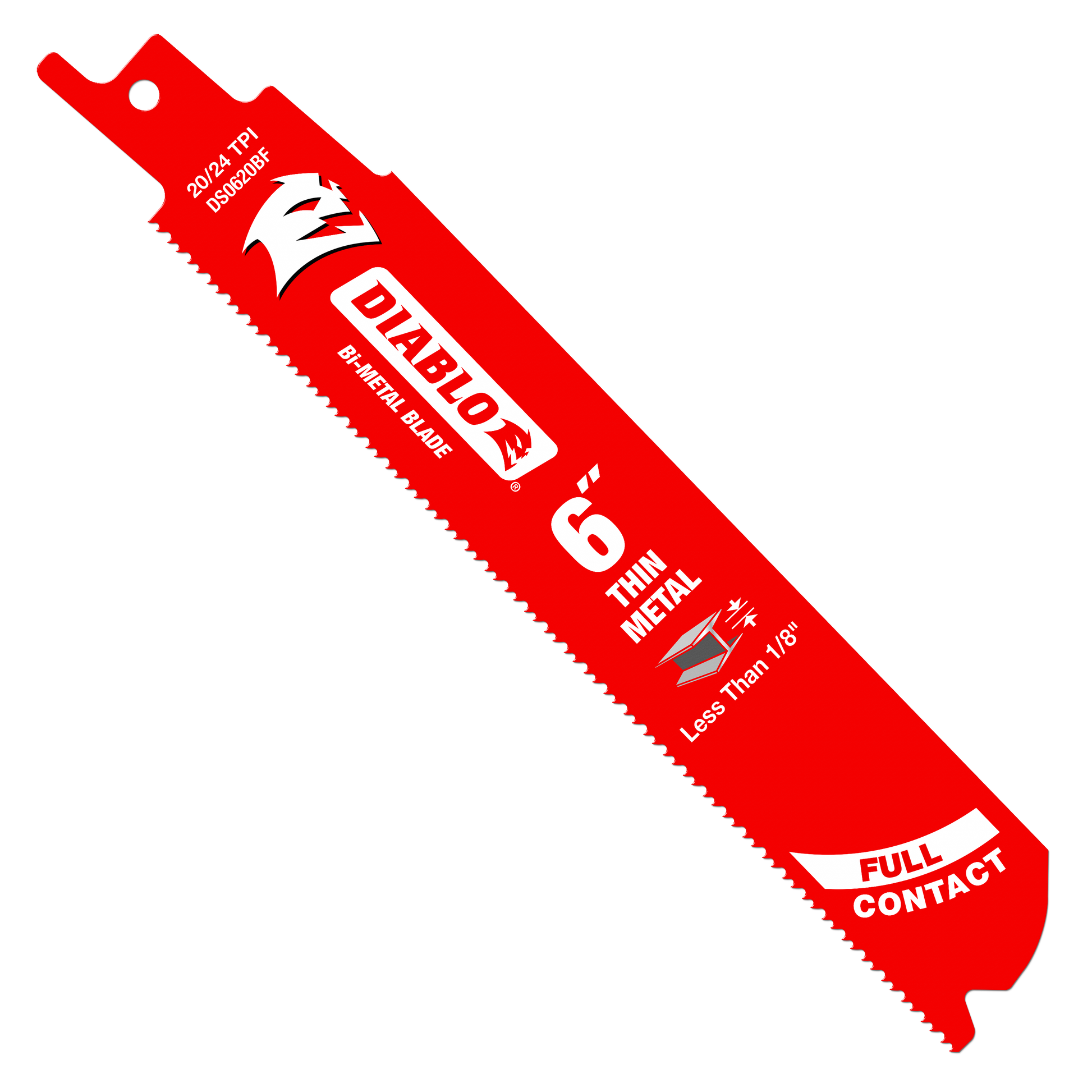 Red bi-metal reciprocating saw blade with serrated cutting edge and mounting hole, labeled for thin metal cutting.