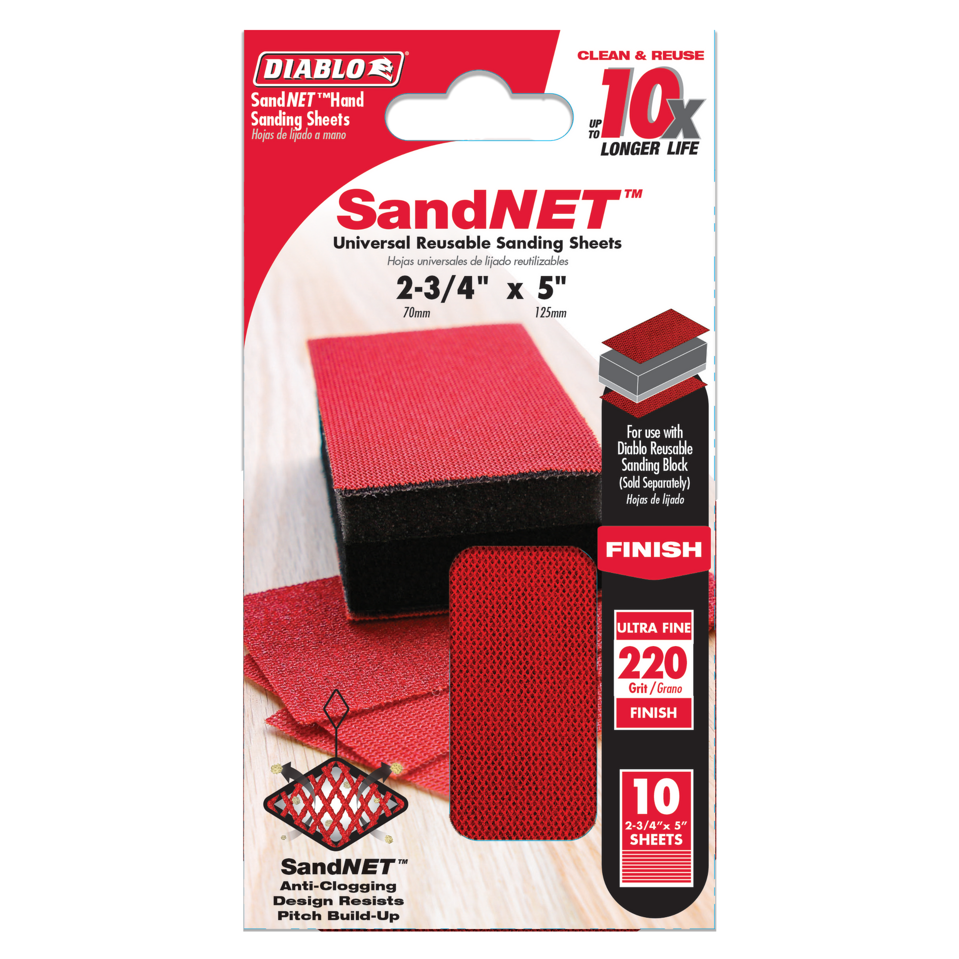 Pack of 10 red 220-grit SandNET reusable sanding sheets measuring 2-3/4" x 5" with anti-clogging diamond pattern design.