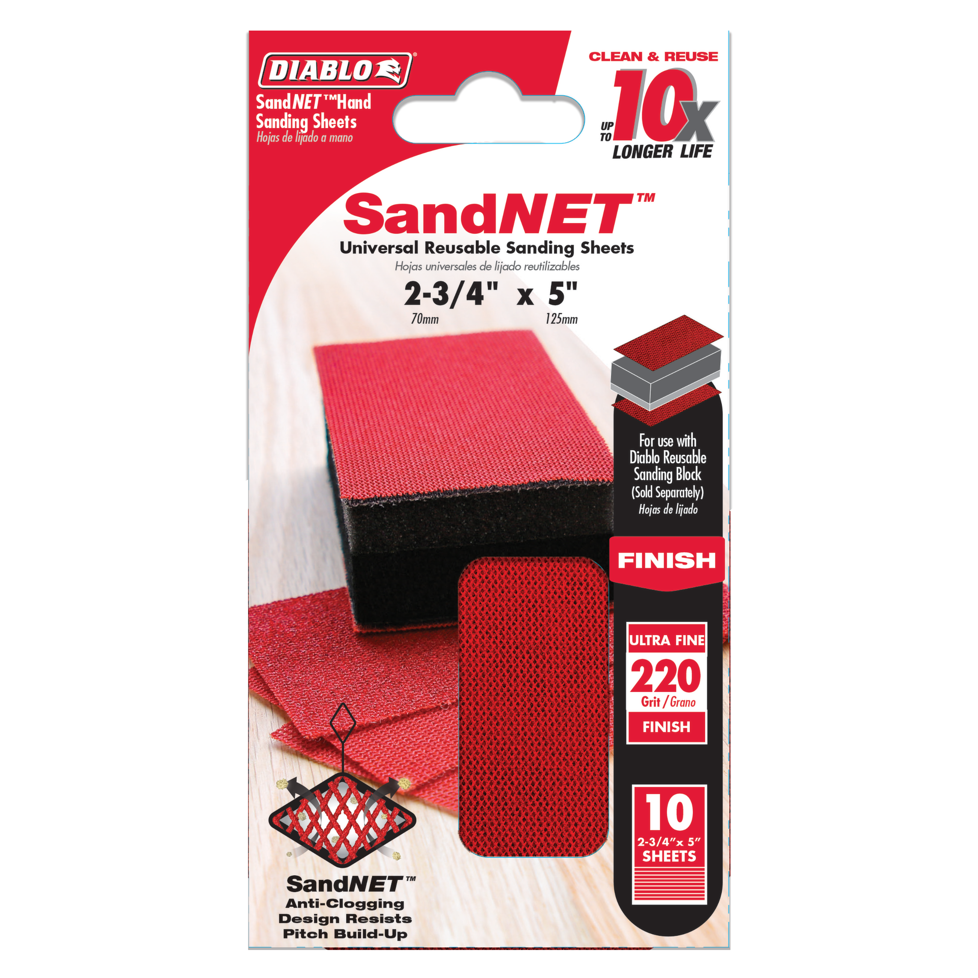 Pack of 10 red 220-grit SandNET reusable sanding sheets measuring 2-3/4" x 5" with anti-clogging diamond pattern design.