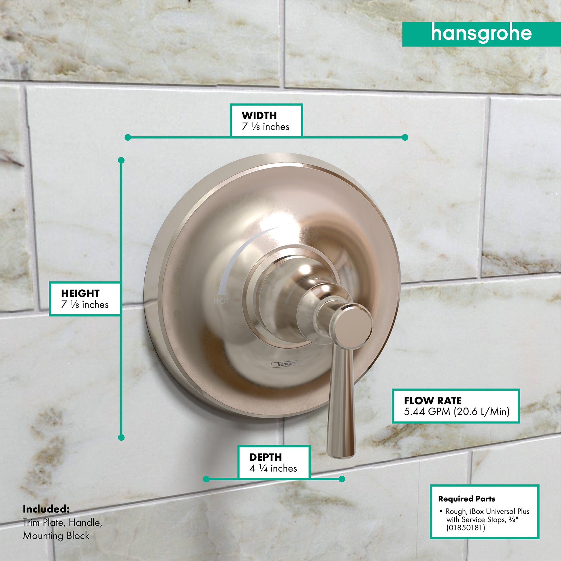 Polished nickel round pressure balance trim with single lever handle mounted on marble tile background with dimensions and sp