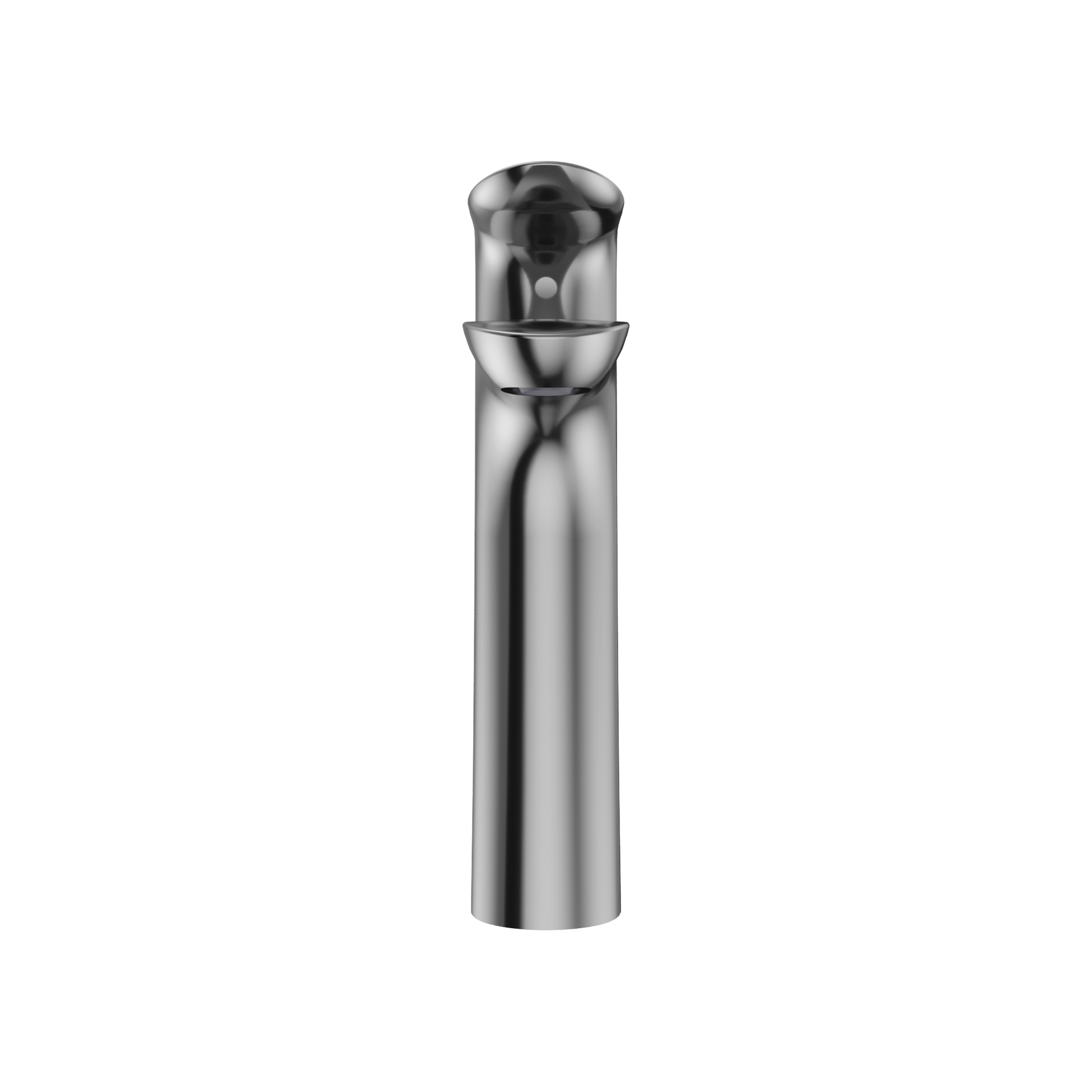 Polished chrome single-handle bathroom sink faucet with tall cylindrical spout and rounded basin-mounted design.
