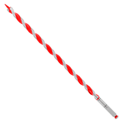 Red and gray spiral auger bit with spoon-shaped tip and cylindrical shank against white background.
