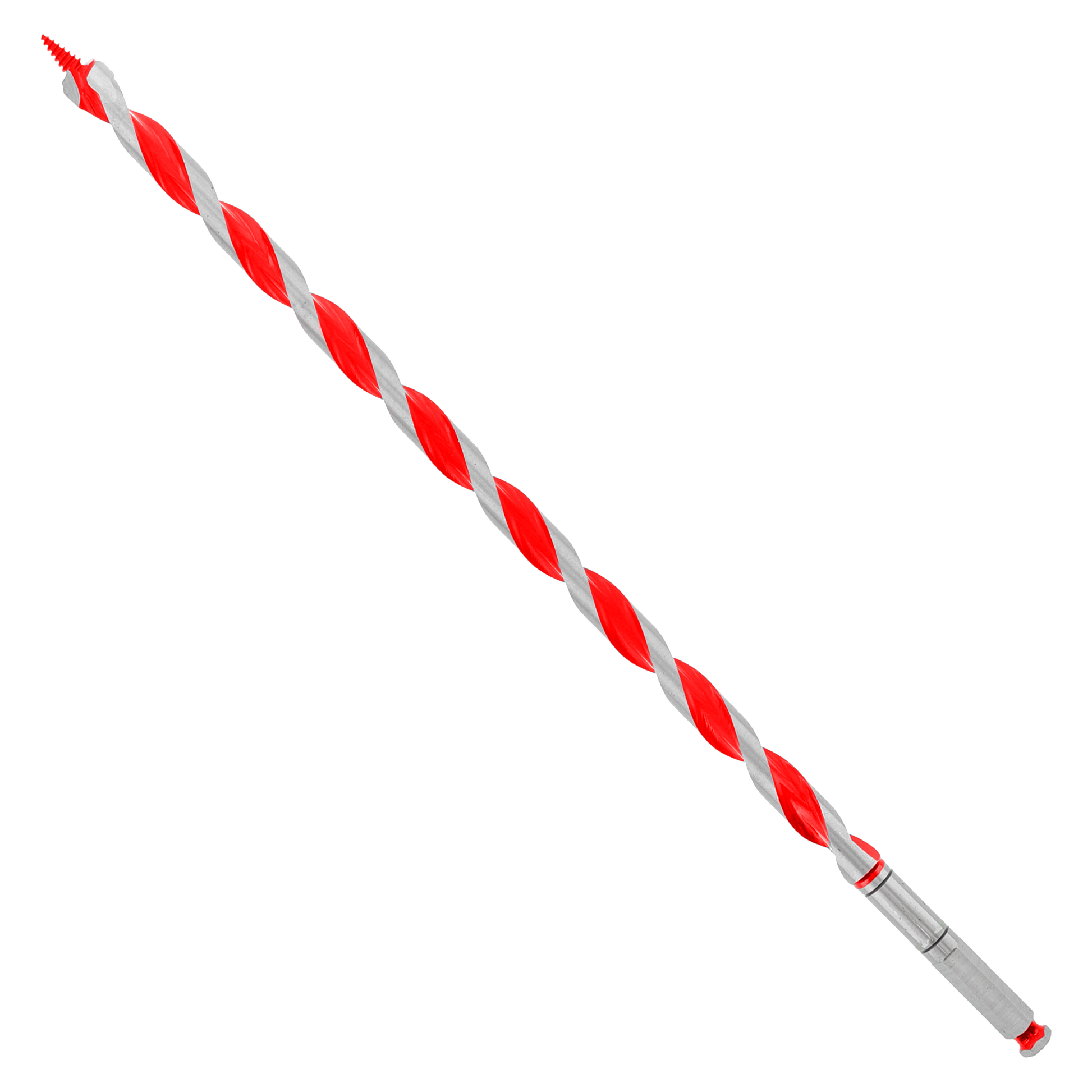 Red and gray spiral auger bit with spoon-shaped tip and cylindrical shank against white background.