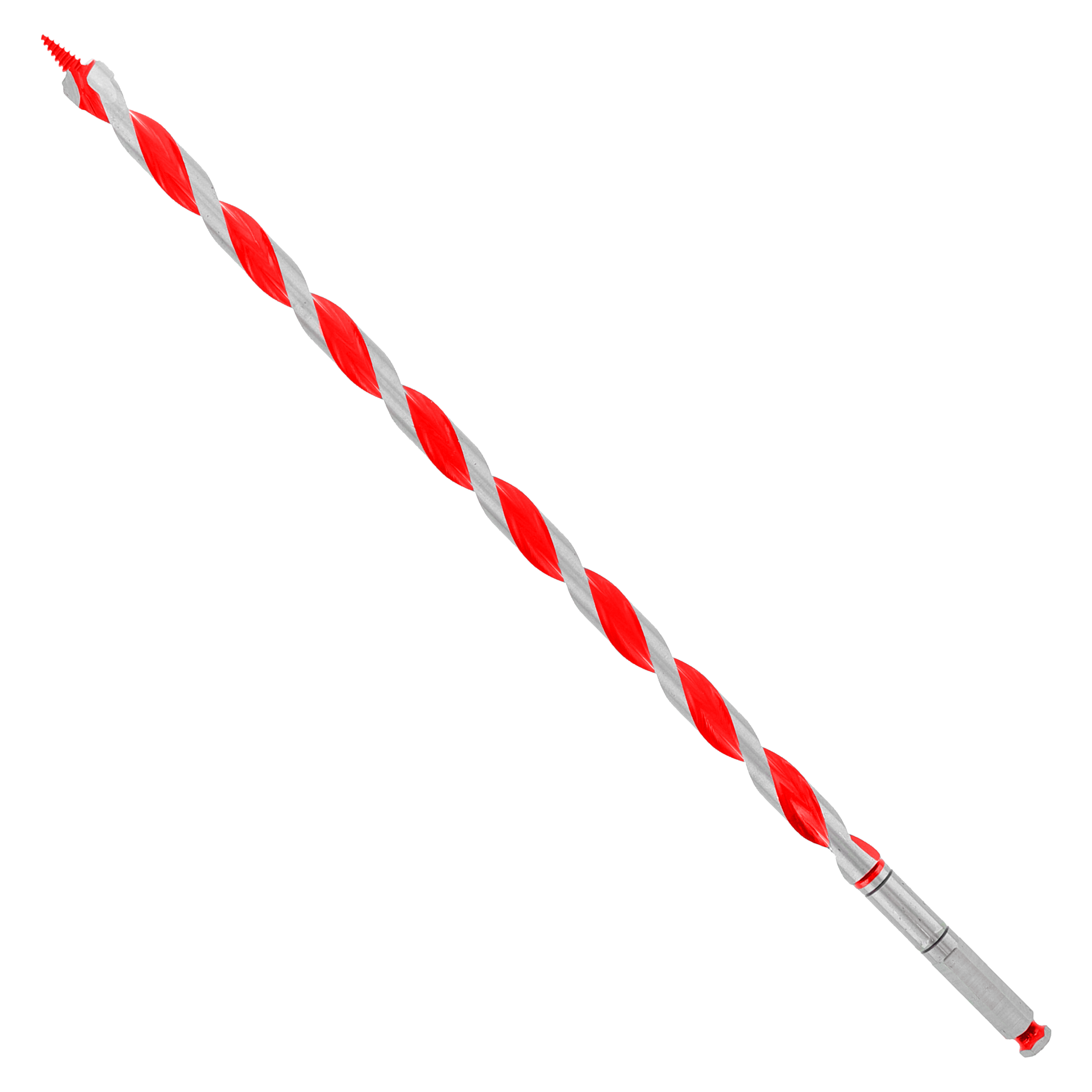 Red and gray spiral auger bit with spoon-shaped tip and cylindrical shank against white background.