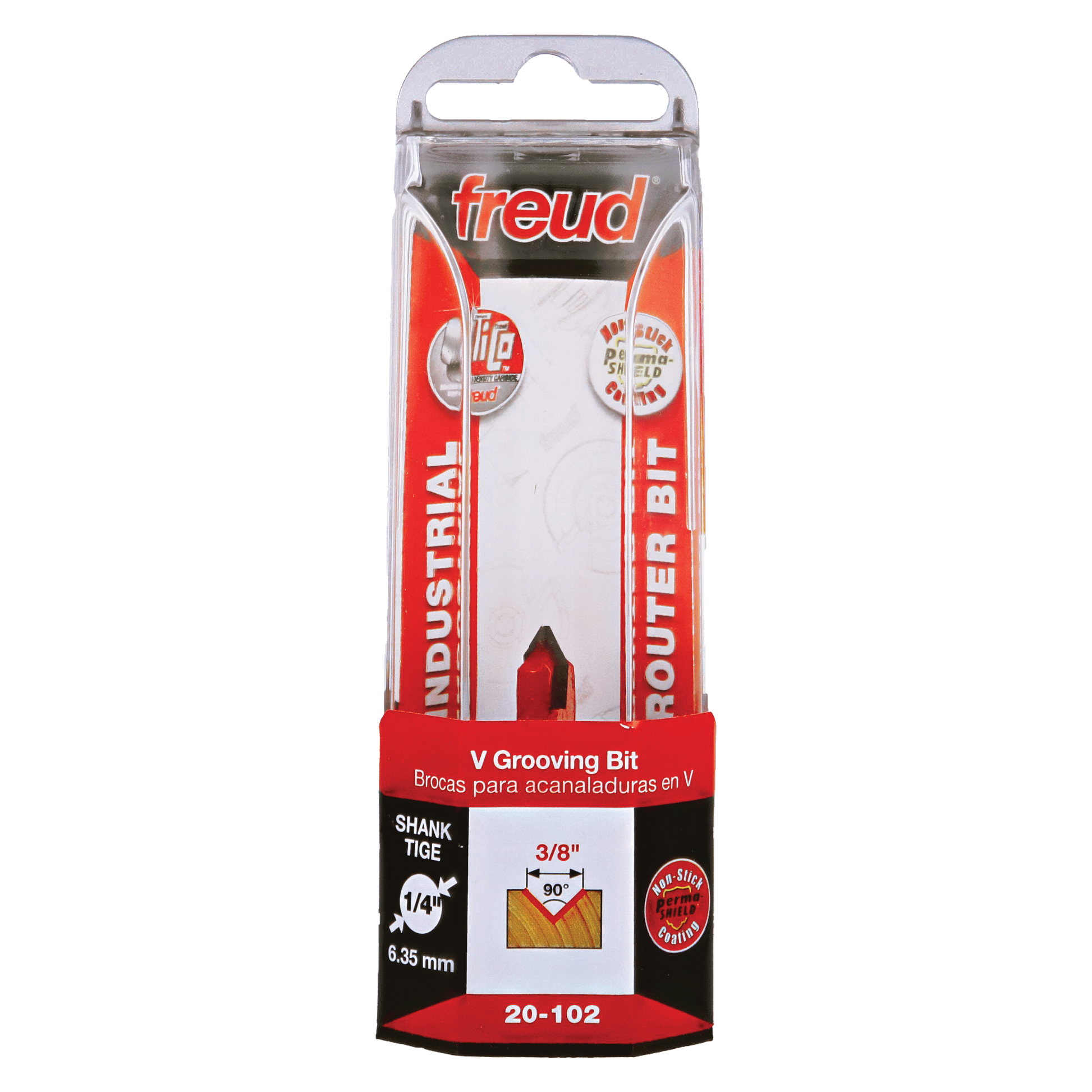 Freud V grooving router bit with 3/8" diameter and 90-degree angle in clear plastic packaging.