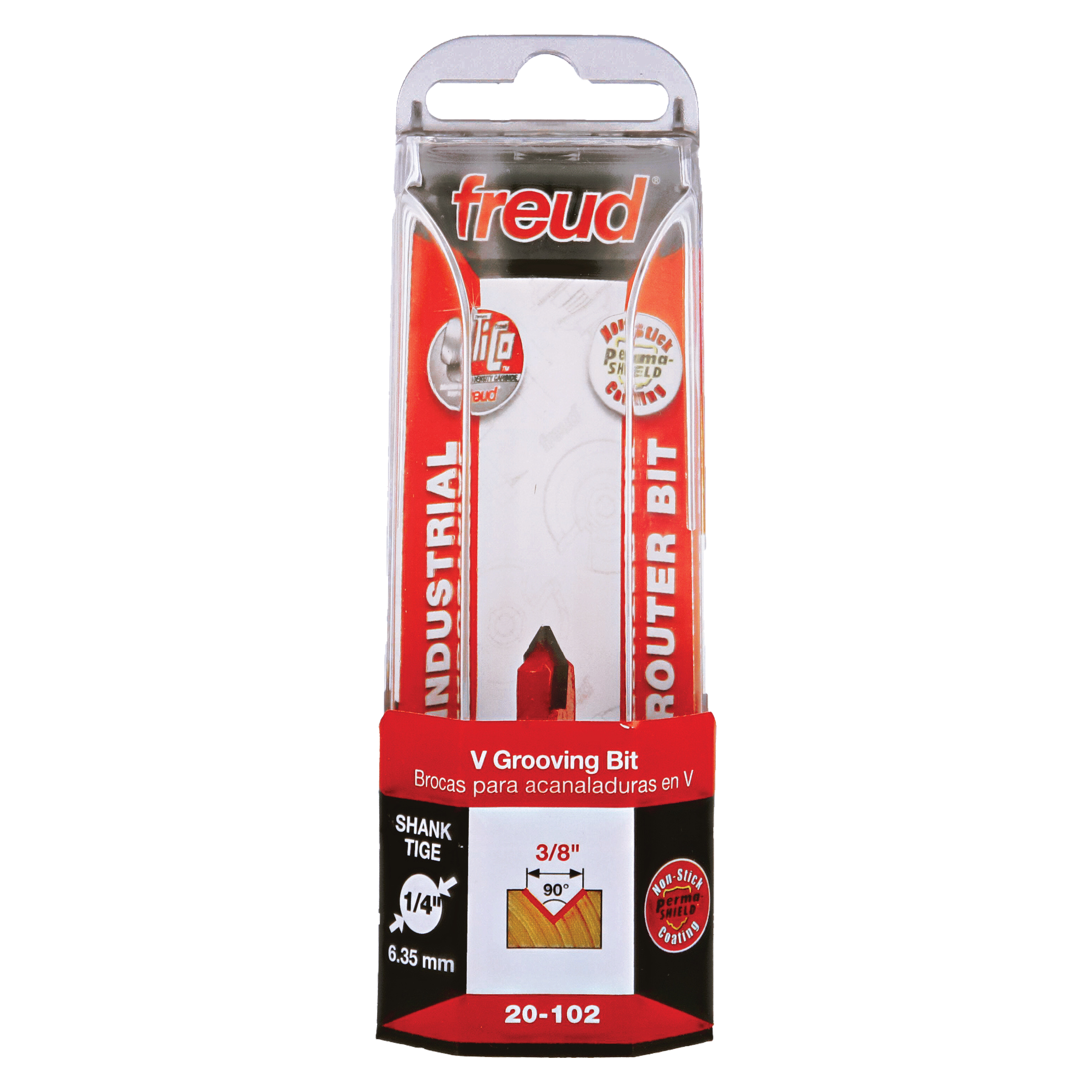 Freud V grooving router bit with 3/8" diameter and 90-degree angle in clear plastic packaging.