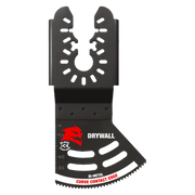 Black bi-metal oscillating blade with curved toothed edge and mounting holes for drywall cutting.