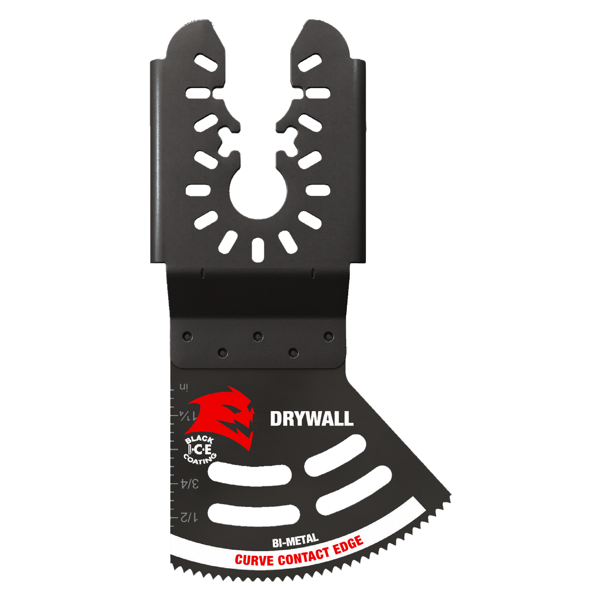 Black bi-metal oscillating blade with curved toothed edge and mounting holes for drywall cutting.
