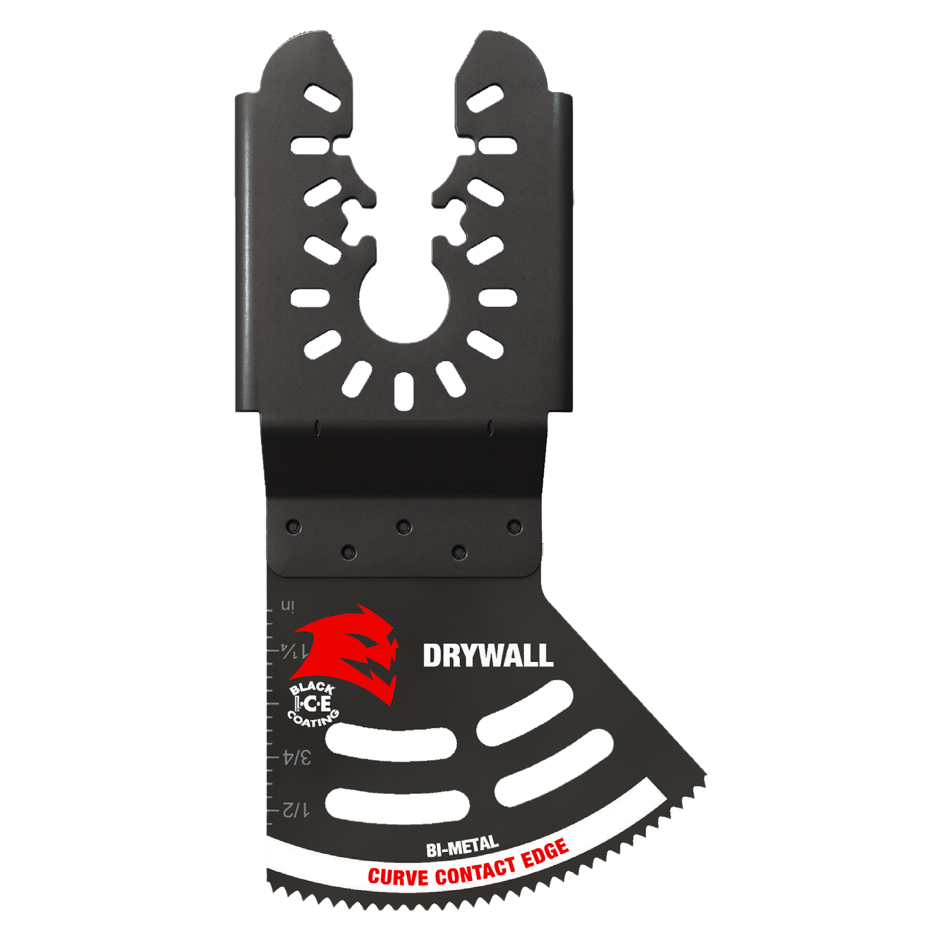 Black bi-metal oscillating blade with curved toothed edge and mounting holes for drywall cutting.
