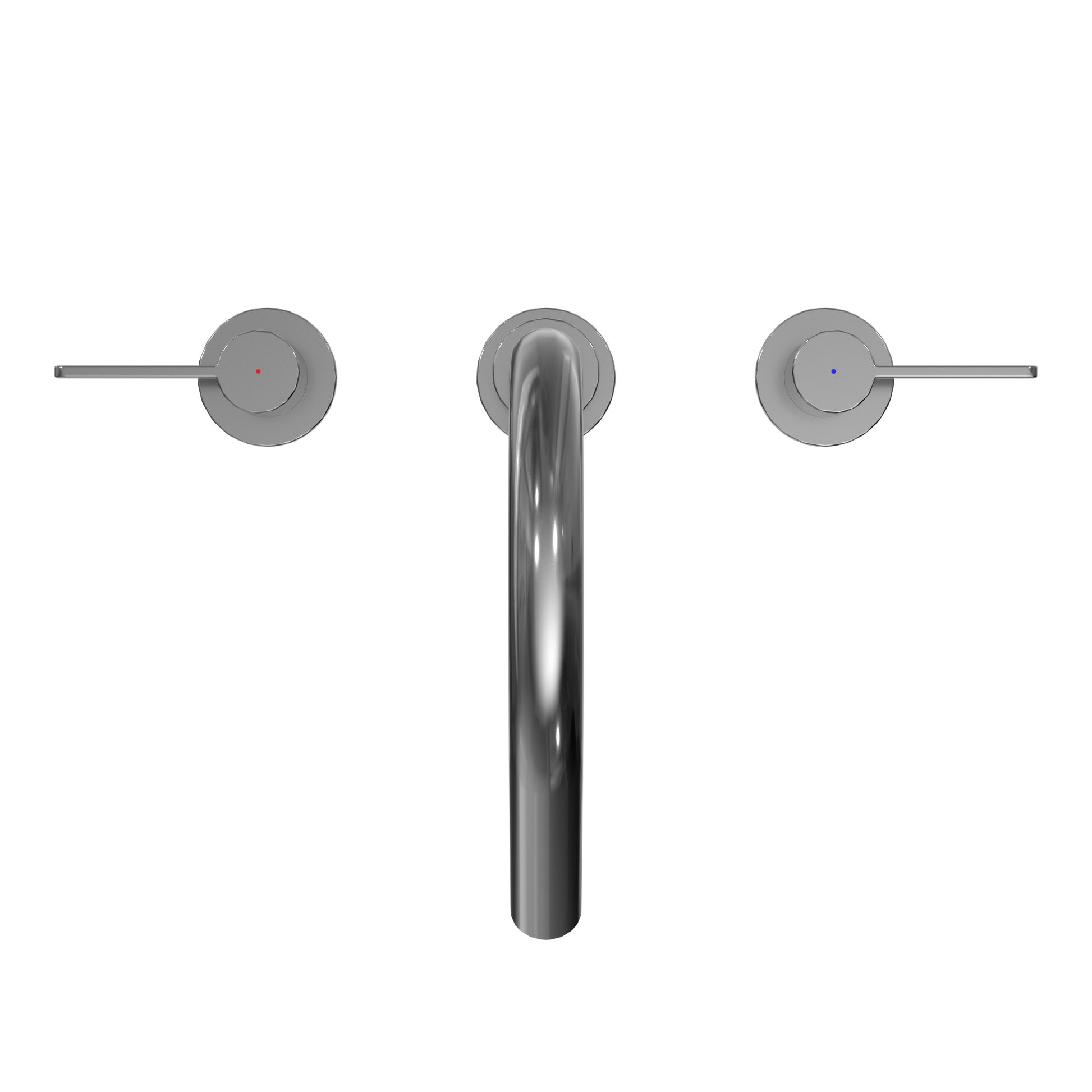 Polished chrome roman tub filler with two circular lever handles flanking a curved center spout.