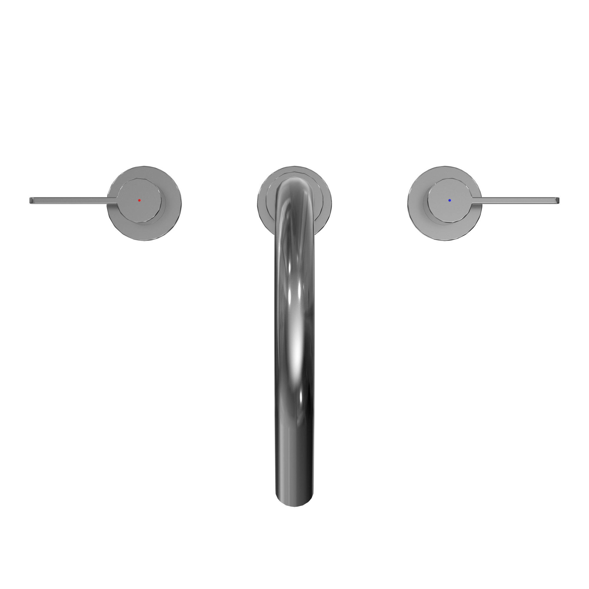 Polished chrome roman tub filler with two circular lever handles flanking a curved center spout.