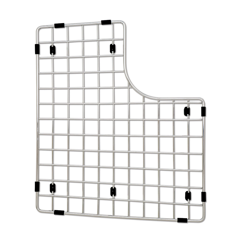 Stainless steel sink grid with square mesh pattern and black rubber feet for corner and edge protection.