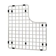 Stainless steel sink grid with square mesh pattern and black rubber feet for corner and edge protection.