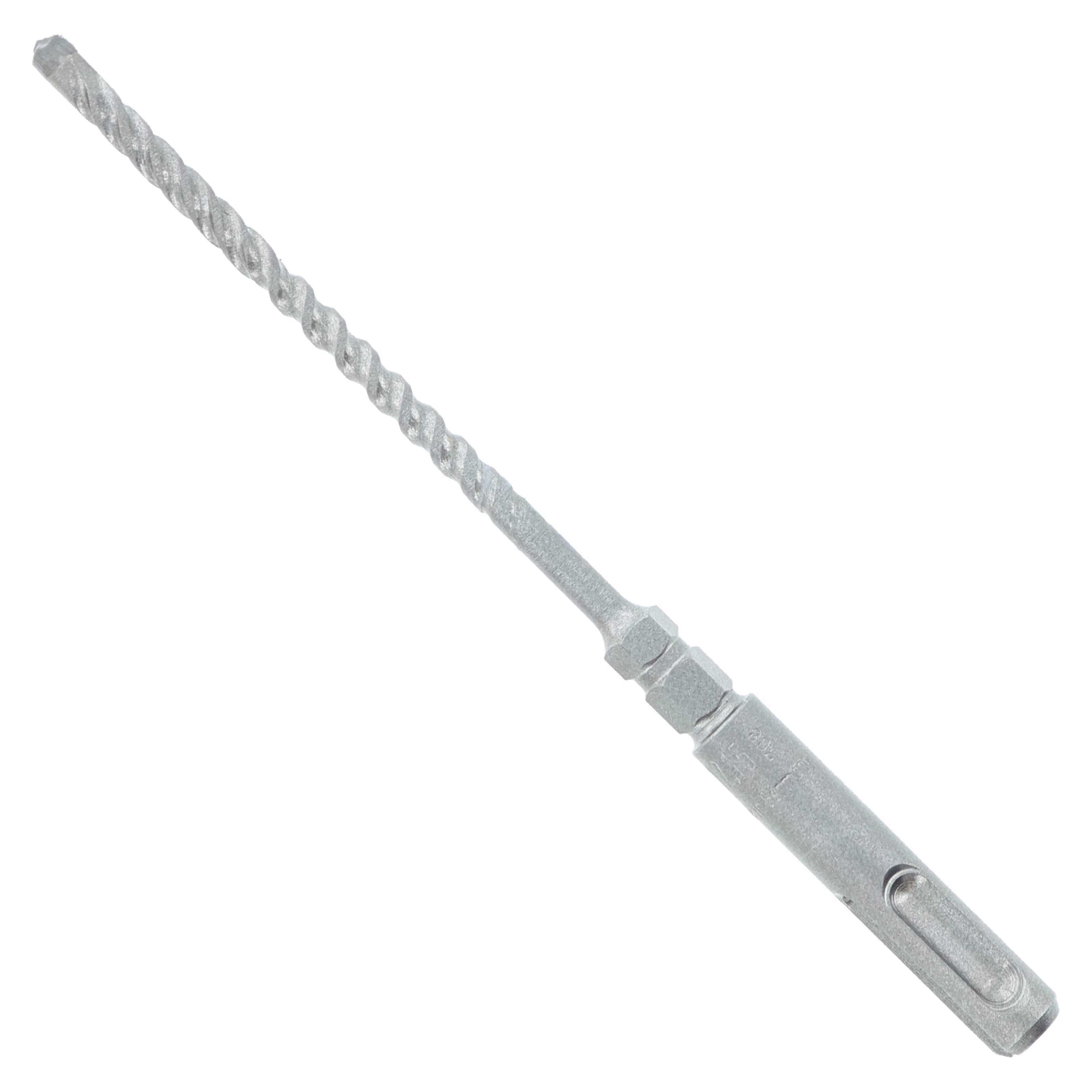 SDS-Plus shank concrete hammer drill bit with spiral flutes and carbide tip, 3/16 inch diameter.