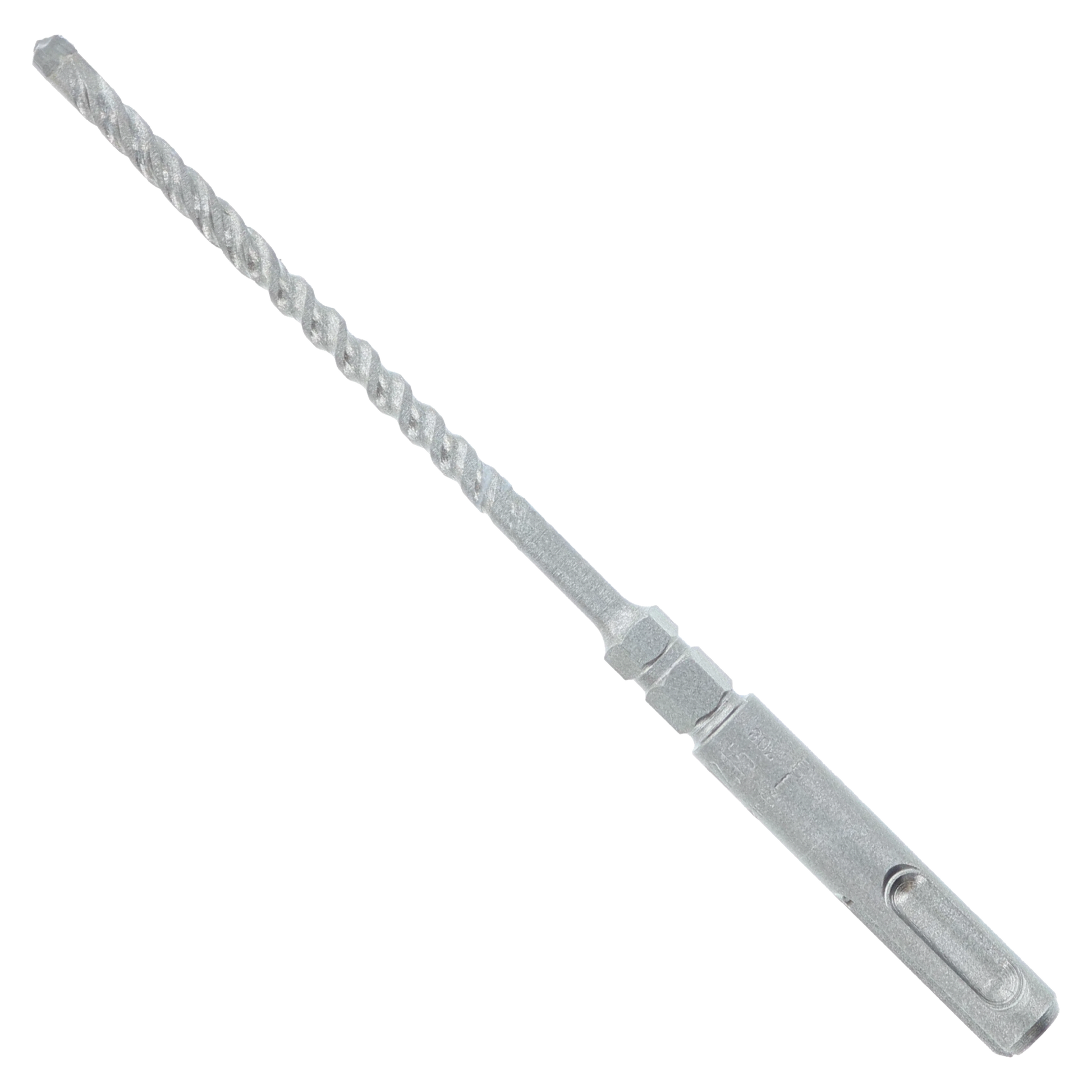 Gray SDS-Plus concrete drill bit with spiral flutes and carbide head on white background.