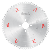 Freud 350mm circular saw blade with multiple teeth around edge, central mounting hole, and red markings on silver surface.