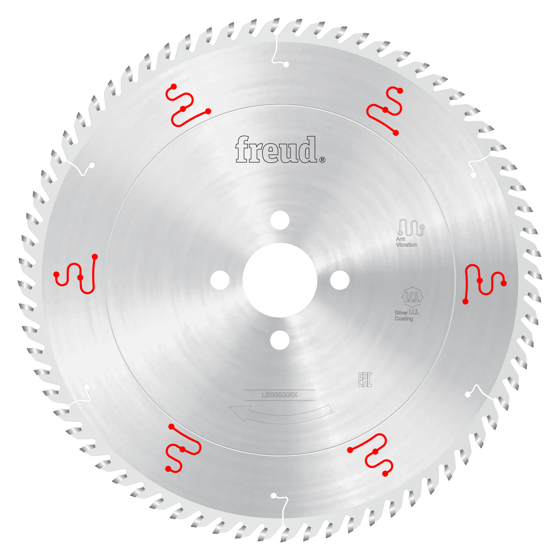 Freud 350mm circular saw blade with multiple teeth around edge, central mounting hole, and red markings on silver surface.