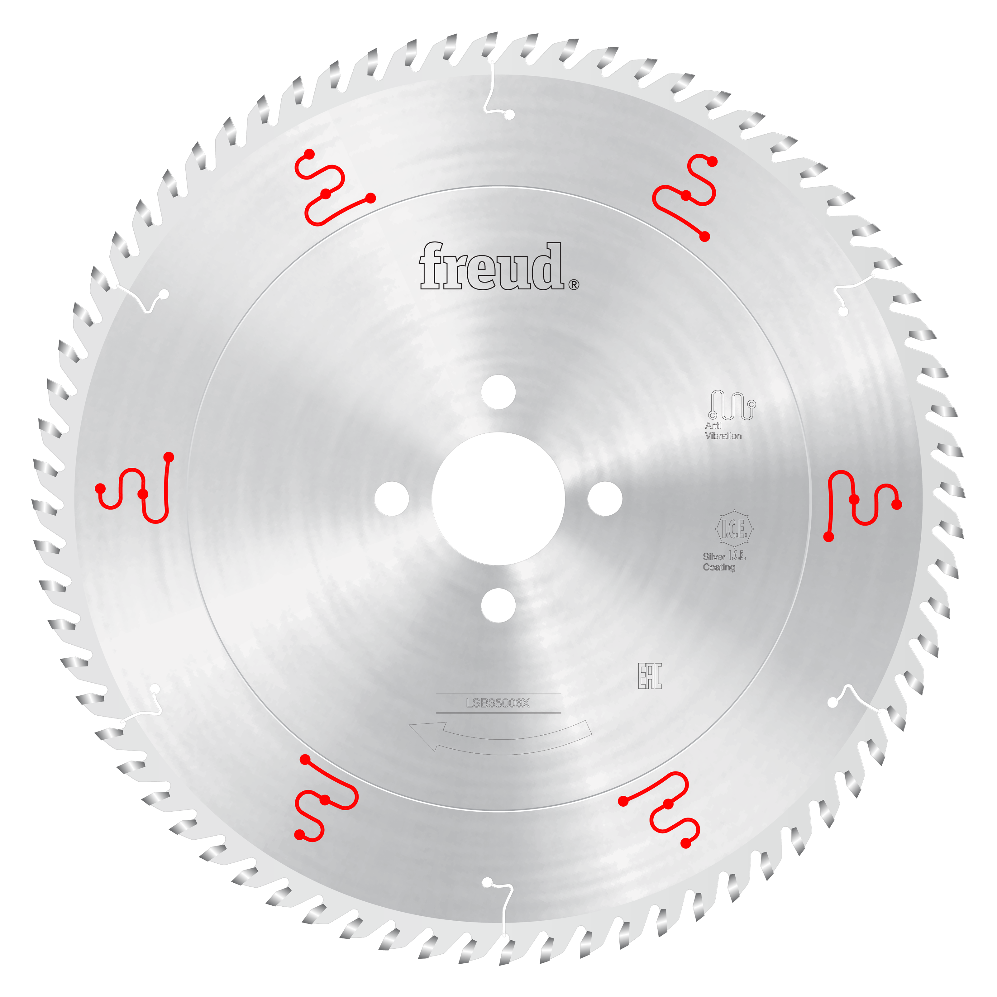 Freud 350mm circular saw blade with multiple teeth around edge, central mounting hole, and red markings on silver surface.