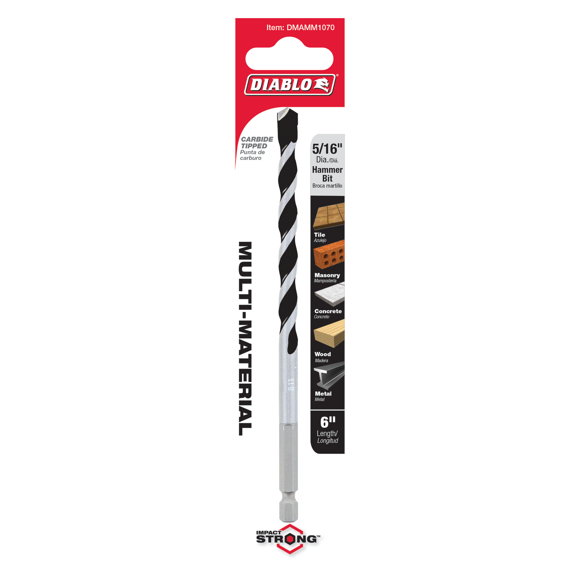 Diablo 5/16" carbide-tipped hammer drill bit in packaging showing multi-material application labels for tile, masonry, concre