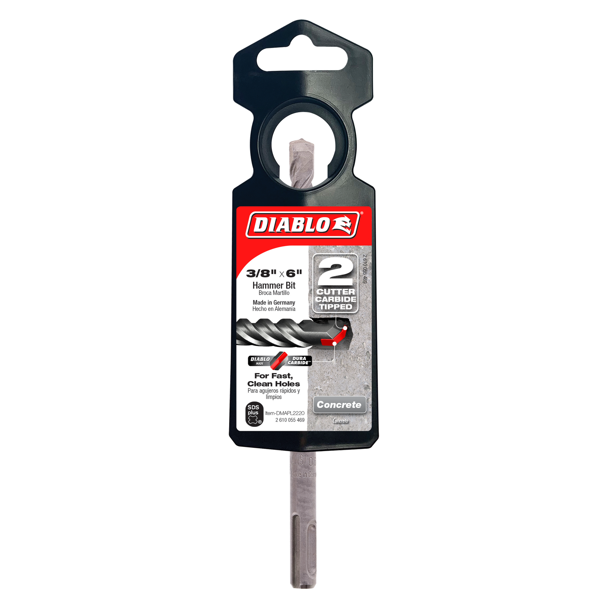 Diablo 3/8 in. x 6 in. SDS-Plus hammer bit with 2-cutter carbide tip in black packaging.