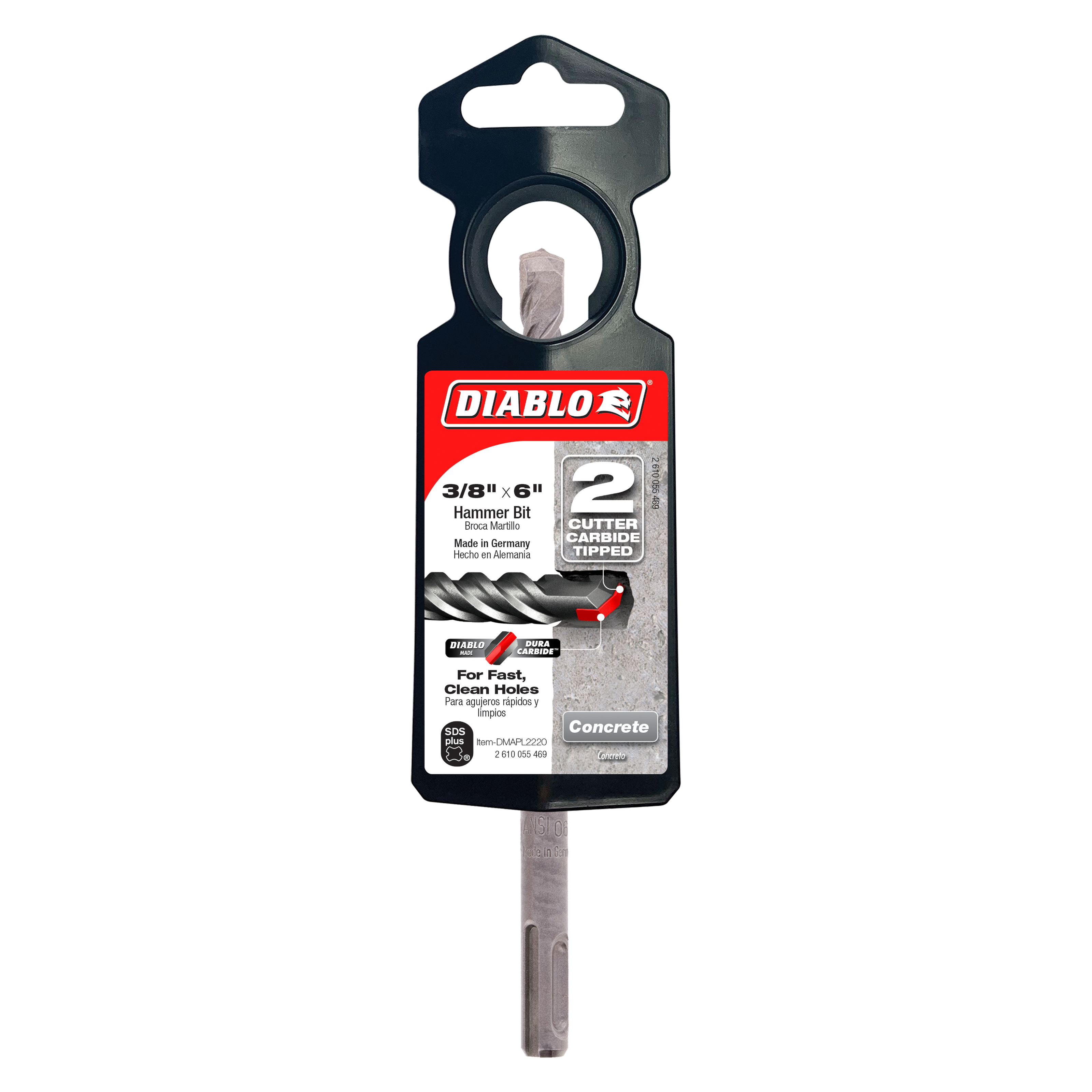 Diablo 3/8 in. x 6 in. SDS-Plus hammer bit with 2-cutter carbide tip in black packaging.