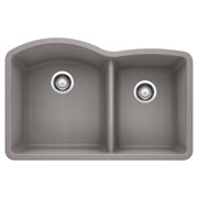 Metallic gray double bowl undermount kitchen sink with chrome drain fittings.