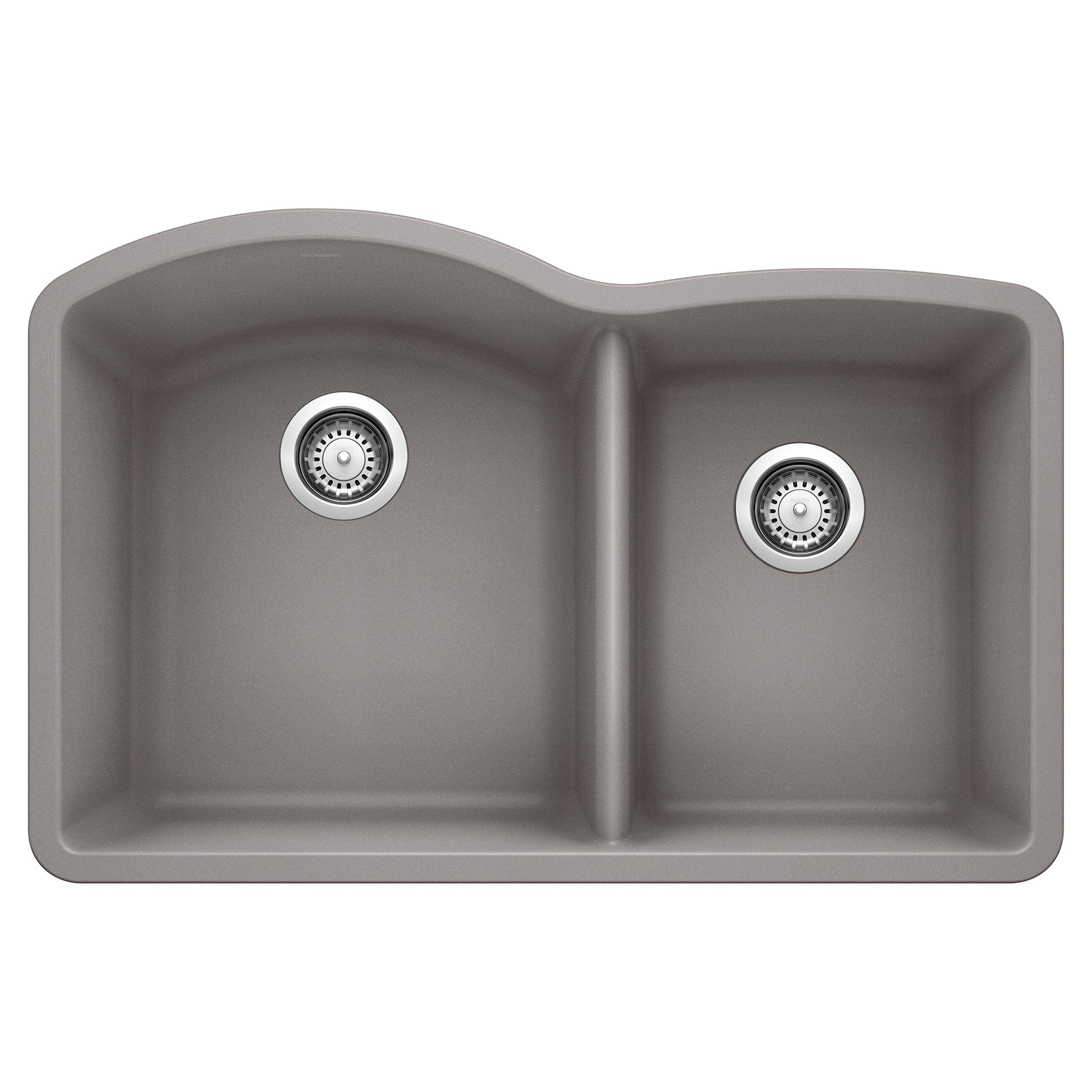Metallic gray double bowl undermount kitchen sink with chrome drain fittings.