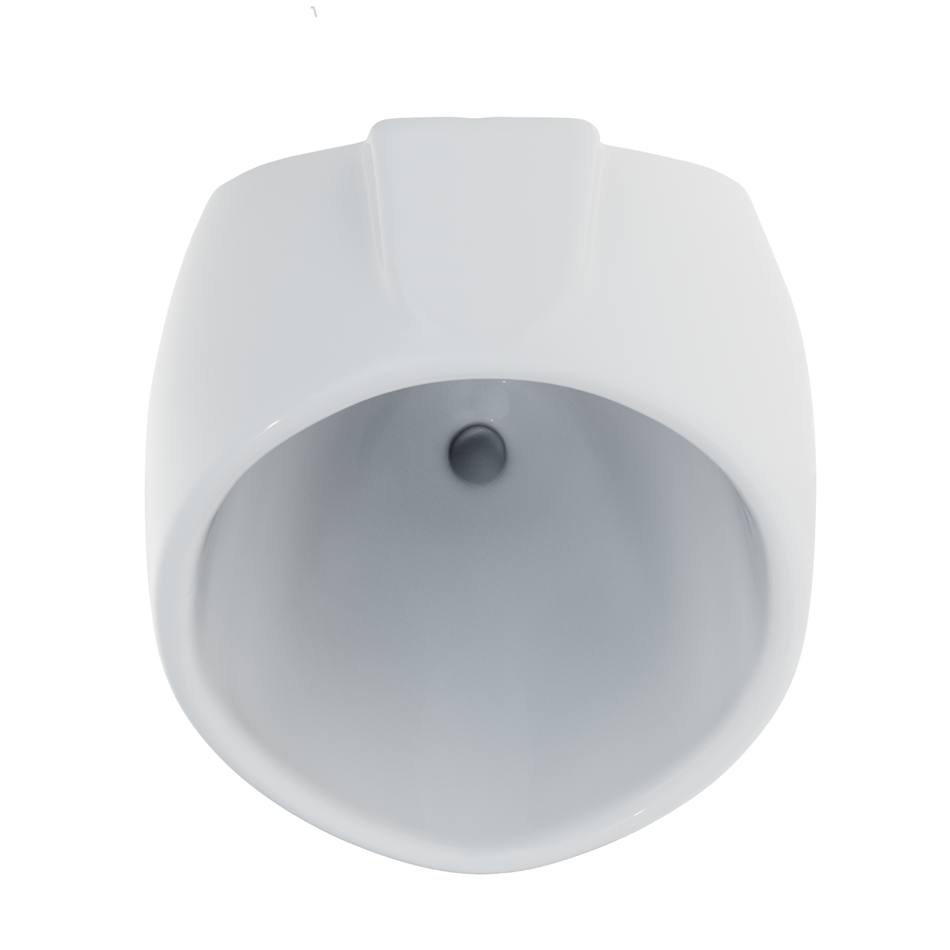 White wall-mounted urinal with rounded basin and back inlet valve, front view.