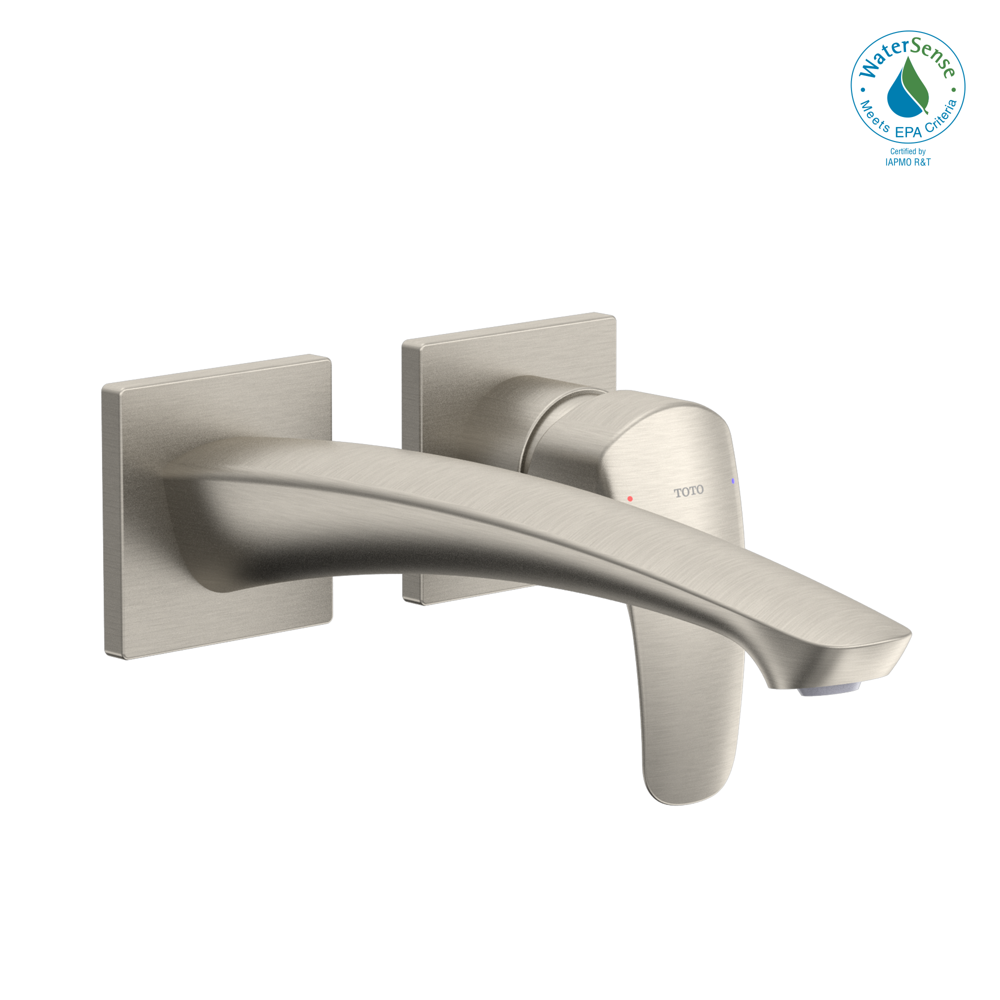Brushed nickel wall-mount bathroom faucet with single handle and curved spout extending from square escutcheon plates.