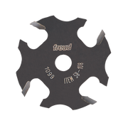 Black slotting cutter with four cutting wings and center arbor hole, labeled Freud 58-108.