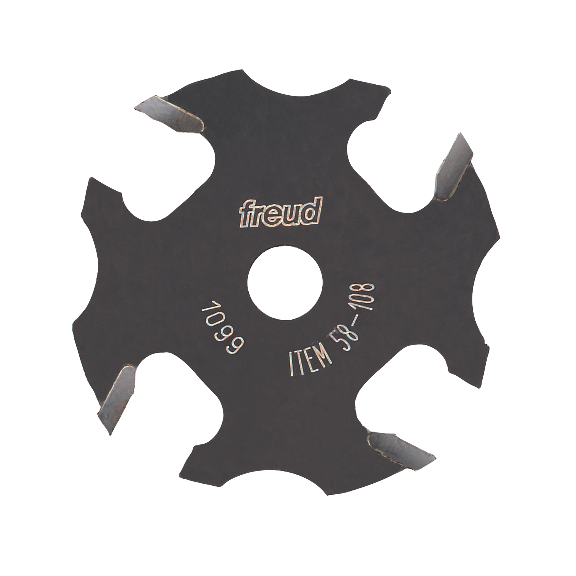 Black slotting cutter with four cutting wings and center arbor hole, labeled Freud 58-108.
