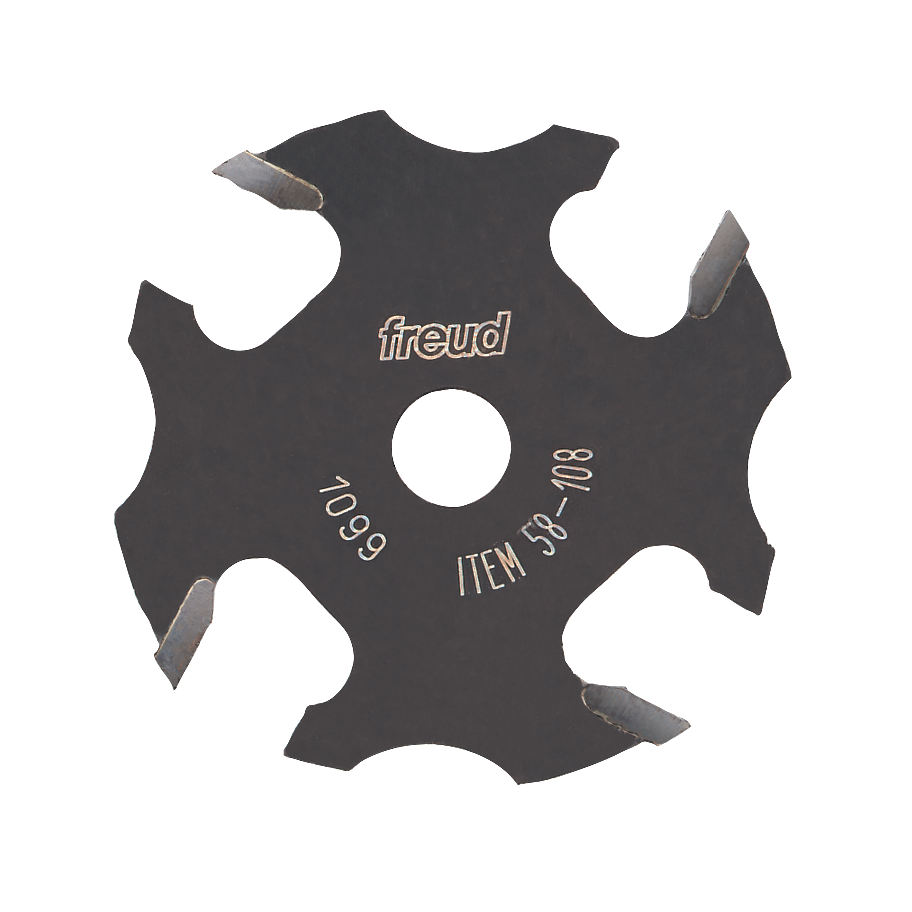 Black slotting cutter with four cutting wings and center arbor hole, labeled Freud 58-108.