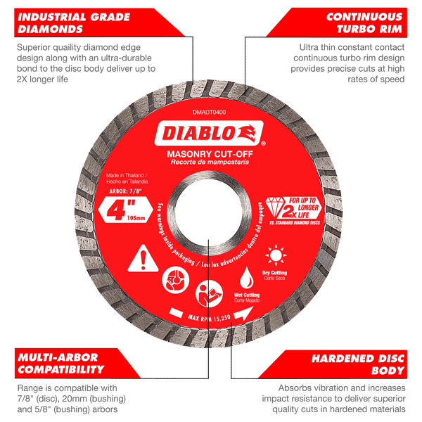 Diablo DMADST1400 14 in. Diamond Segmented Turbo Cut-Off Discs for Masonry