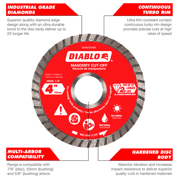 Diablo DMADST1400 14 in. Diamond Segmented Turbo Cut-Off Discs for Masonry