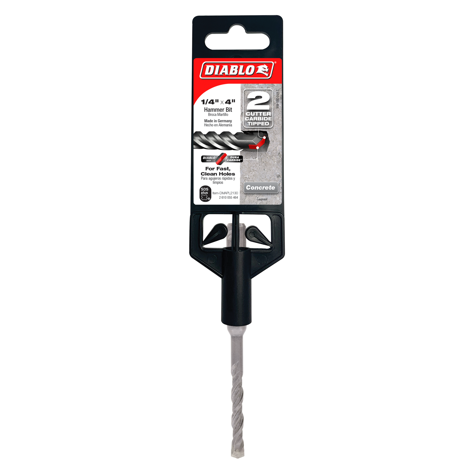 Diablo SDS-Plus hammer drill bit with 1/4 inch diameter, 2-cutter carbide tip, and black handle in packaging.