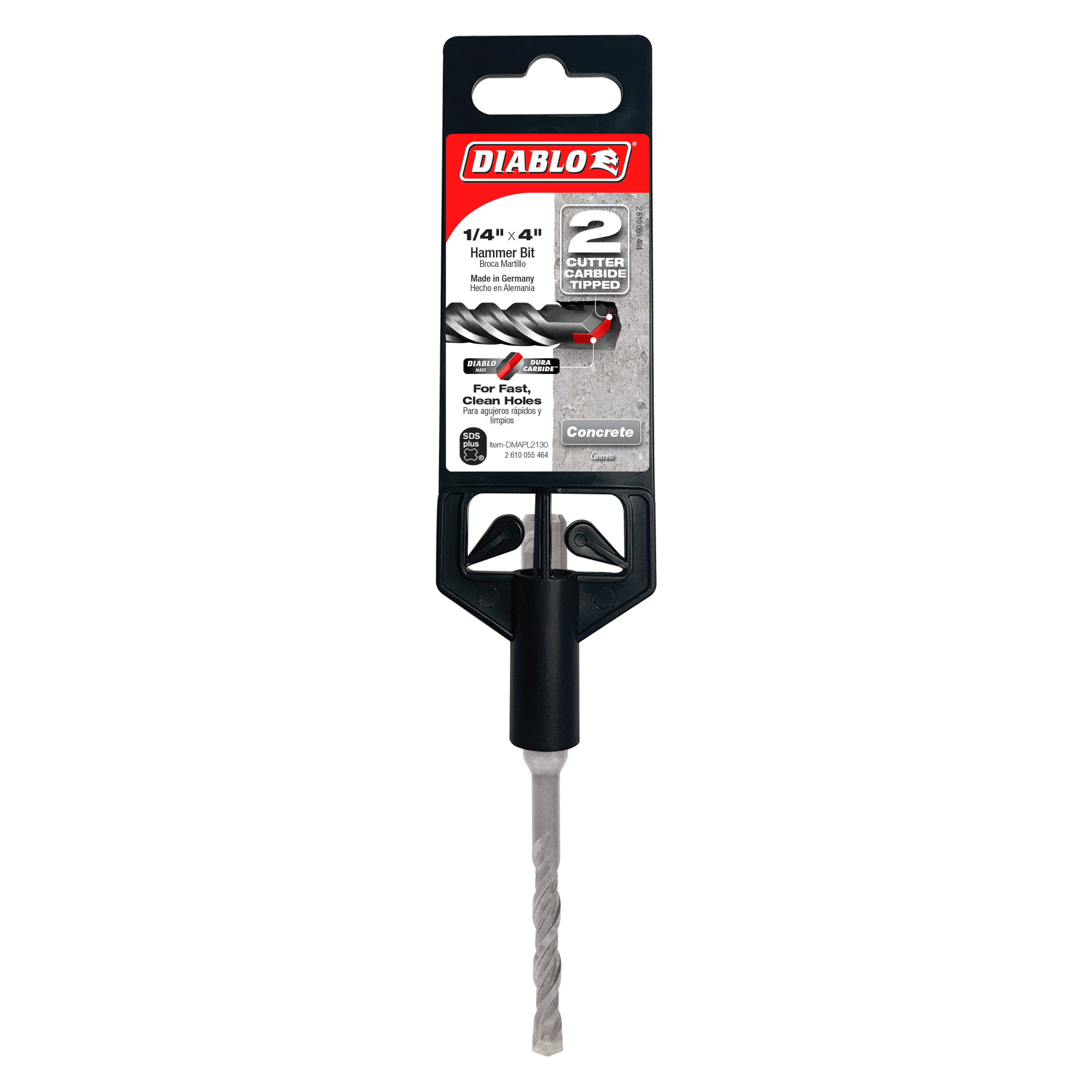 Diablo SDS-Plus hammer drill bit with 1/4 inch diameter, 2-cutter carbide tip, and black handle in packaging.