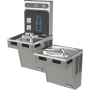 Stainless steel water cooler with dual-level bottle filling stations and refrigerated compartment below.