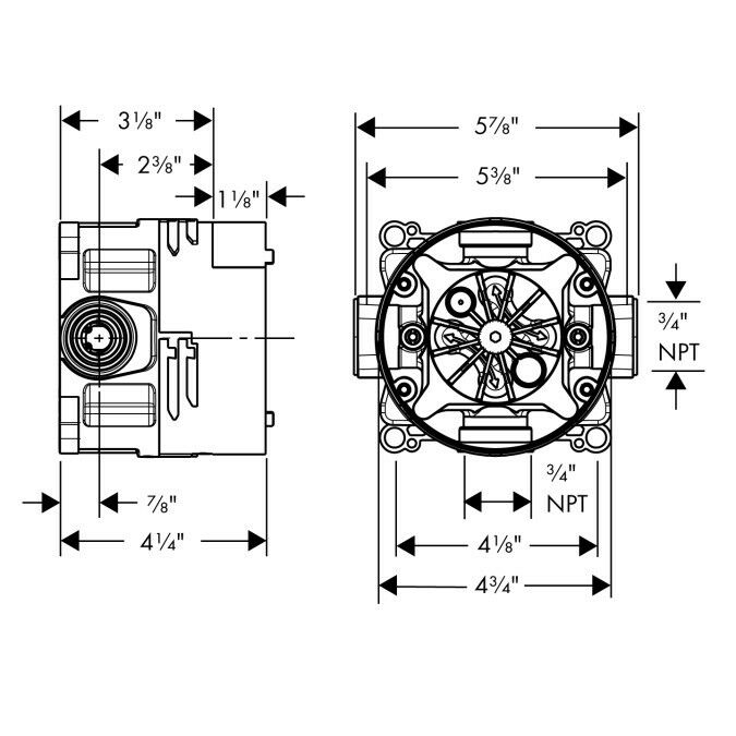 Technical diagram showing front and side views of a 3/4 inch rough valve with detailed measurements and port specifications.