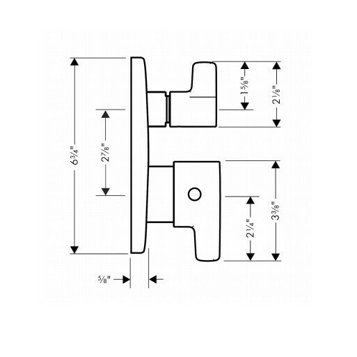 Technical schematic diagram showing thermostatic shower valve trim with two control handles and dimensions in inches.