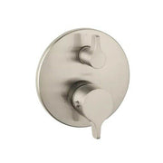 Brushed nickel round thermostatic shower valve trim with upper lever handle and lower volume control lever.