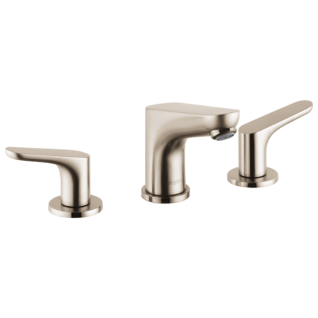 Three-piece brushed nickel widespread bathroom faucet with lever handles and spout.