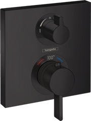Matte black square thermostatic shower trim with upper volume control lever and lower temperature dial marked to 100°F, with 